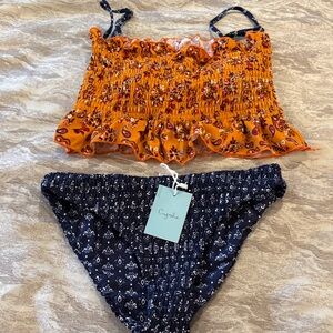 Cupshe Paisley Smocked Two-Piece Bikini - Orange & Navy